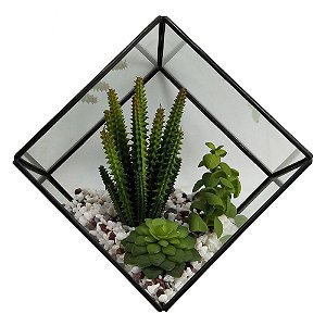 TERRAREO DE VIDRO E METAL PRETO E FLORES DECORATIVAS