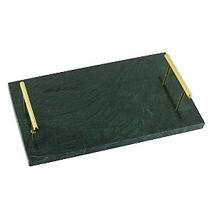 BANDEJA EM MARMORE VERDE COM ALCAS DOURADAS 38CM X 27CM X 5C