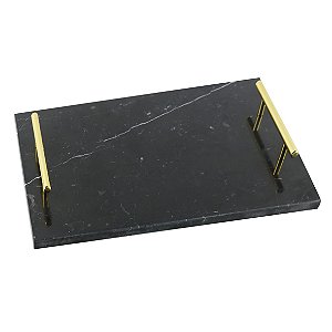 BANDEJA EM MARMORE PRETA COM ALCAS DOURADAS 38CM X 27CM X 5C