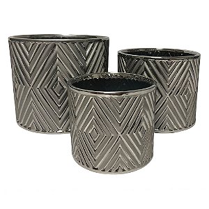 CONJ. DE CACHEPOTS EM CERAMICA PRATEADO  3 PCS G  D12CM X 10