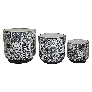 CONJ. DE CACHEPOTS DE CERAMICA ESTAMPADO DE PRETO E BRANCO