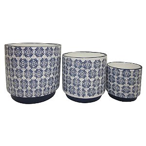 CONJ. DE CACHEPOTS DE CERAMICA ESTAMPADO DE AZUL  3 PCS G  1