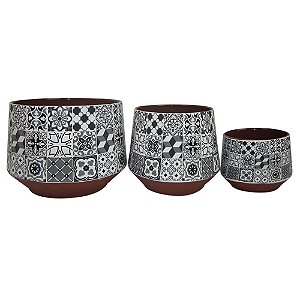 CONJ. DE CACHEPOTS DE CERAMICA ESTAMPADO DE PRETO E BRANCO C
