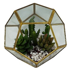 TERRAREO DE VIDRO E METAL DOURADO E FLORES DECORATIVAS