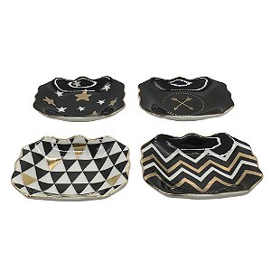 CONJ. DE PRATOS EM CERAMICA PRETO, BRANCO E DOURADO  4 PCS 9