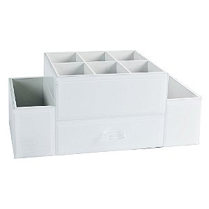 PORTA MAQUIAGEM EM VIDRO E MADEIRA BRANCO 32CM X 14CM X 14CM