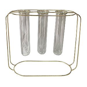 VASO TRES TUBOS DE VIDRO E METAL DOURADO