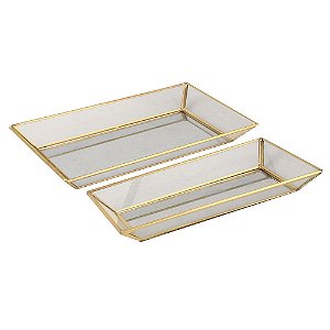 CONJ. DE BANDEJAS EM VIDRO E METAL TRANSPARENTE E DOURADA 2