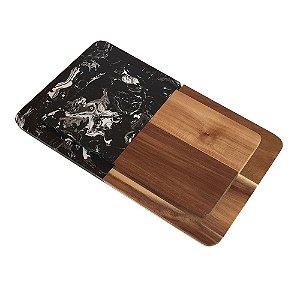 CJ DE TABUAS DE MADEIRA E MARMORE PRETO  2PCS G35CM X 20CM X