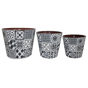 CONJ. DE CACHEPOTS DE CERAMICA ESTAMPADO AZUL E PRETO COM DE