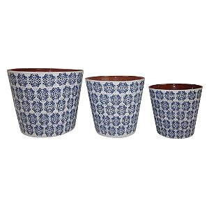 CONJ. DE CACHEPOTS DE CERAMICA ESTAMPADO AZUL E BRANCO COM D