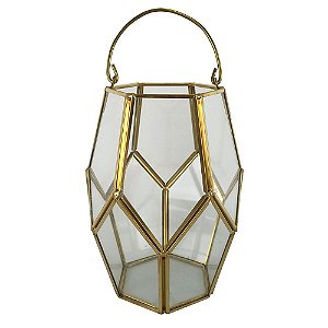 VASO DE VIDRO E METAL DOURADO 12,3CM X 12,3CM X 16,3CM