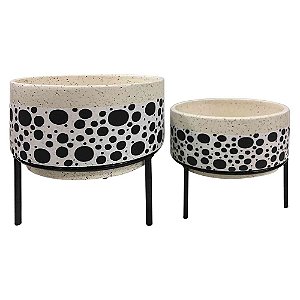 CJ. DE CACHEPOTS DE CERAMICA COM BASE DE MADEIRA - 2PS