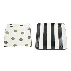 CJ DE PRATOS D CERAMICA PRETO, BRANCO DOURADO 23,5CM X 23,5C