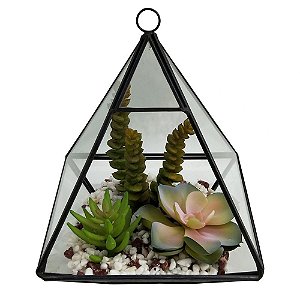 TERRAREO DE VIDRO E METAL PRETO E FLORES DECORATIVAS