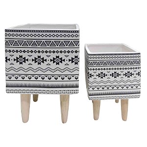 CJ. DE CACHEPOTS DE CERAMICA COM BASE DE MADEIRA - 2PS