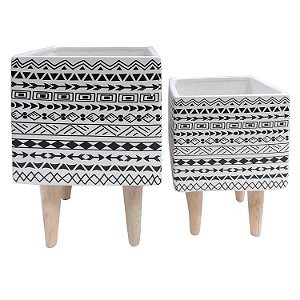 CJ. DE CACHEPOTS DE CERAMICA COM BASE DE MADEIRA - 2PS