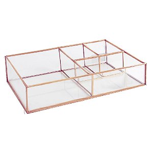 PORTA OBJETOS EM VIDRO E METAL TRANSPARENTE E COBRE 28,6CM X