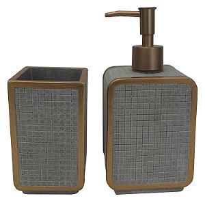 KIT PARA BANHEIRO DE RESINA CINZA E DOURADO - 2PS