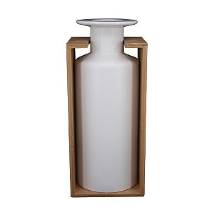 VASO DECORATIVO DE CERAMICA E BAMBU BRANCO 14CM X 12,5CM X 3