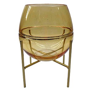 VASO DE VIDRO AMBAR COM SUPORTE DOURADO