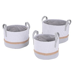 CONJ DE CESTOS DE TECIDO CINZA COM DETALHE MARROM  3 PECAS