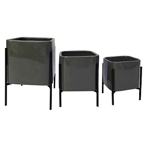 CJ. DE CACHEPOTS DE CERÂMICA PRETO E METAL PRETO - 3PÇS