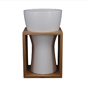 VASO DECORATIVO DE CERAMICA E BAMBU BRANCO 13,5CM X 13,5CM X