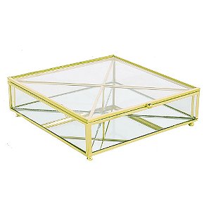 PORTA OBJETOS EM VIDRO E METAL TRANSPARENTE E DOURADO 20CM X
