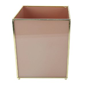 CESTO DE LIXO DE VIDRO BEGE E DOURADO