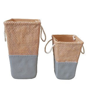CONJ. DE VASOS EM CERAMICA E CORDA BEGE E CINZA  2 PCS G  15