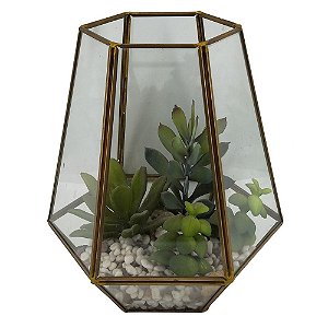 TERRAREO DE VIDRO E METAL DOURADO E FLORES DECORATIVAS