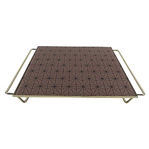 BANDEJA DECORATIVA DE METAL E VIDRO MARROM E DOURADO