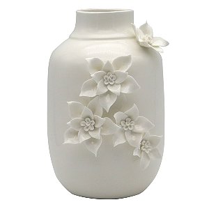 VASO DE CERAMICA BRANCO COM FLORES APLICADAS 3D 16,6CM X 14,