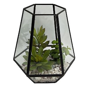 TERRAREO DE VIDRO E METAL PRETO E FLORES DECORATIVAS