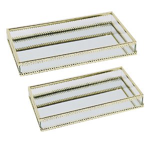 CONJ. DE BANDEJAS EM VIDRO E METAL TRANSPARENTE E DOURADA  2