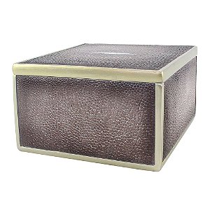 CAIXA COM TAMPA EM GALUCHAT VINHO E DOURADA 14CM X 14CM X 8C