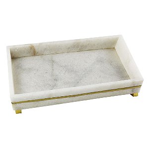 BANDEJA EM MARMORE BRANCO COM DETALHES DOURADOS 35CM X 20CM