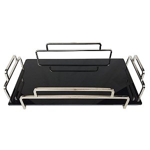 BANDEJA DE VIDRO PRETO E METAL PRATA 36CM X 22CM X 6CM