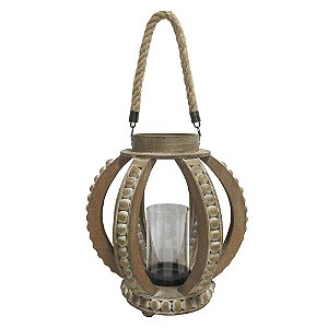 LANTERNA EM CORDA, VIDRO E MADEIRA MARROM 29,5CM X 26,5CM X
