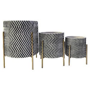 CJ. DE CACHEPOTS DE CERÂMICA BRANCO, PRETO E DOURADO - 3PÇS