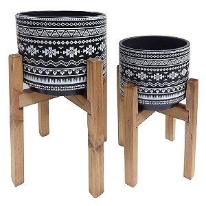 CJ. DE CACHEPOTS DE CERAMICA COM BASE DE MADEIRA - 2PS
