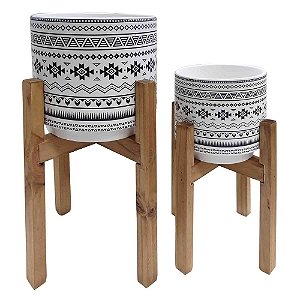 CJ. DE CACHEPOTS DE CERAMICA COM BASE DE MADEIRA - 2PS