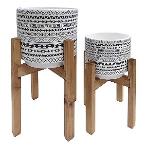 CJ. DE CACHEPOTS DE CERAMICA COM BASE DE MADEIRA - 2PS