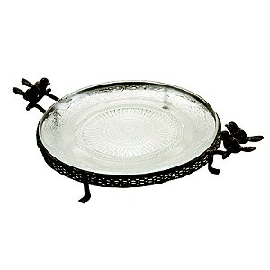 PRATO DECORATIVO DE VIDRO E SUPORTE DE FERRO