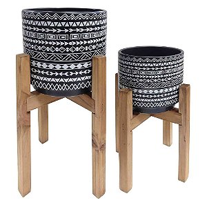 CJ. DE CACHEPOTS DE CERAMICA COM BASE DE MADEIRA - 2PS