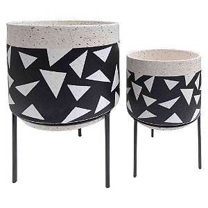 CJ. DE CACHEPOTS DE CERAMICA COM BASE DE MADEIRA - 2PS