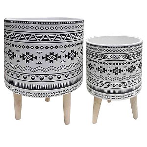 CJ. DE CACHEPOTS DE CERAMICA COM BASE DE MADEIRA - 2PS