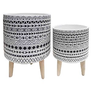 CJ. DE CACHEPOTS DE CERAMICA COM BASE DE MADEIRA - 2PS