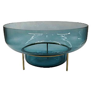 VASO DE VIDRO AZUL COM SUPORTE DOURADO
